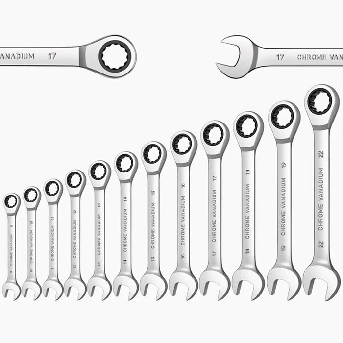 Ratcheting Combination Wrench Set,12 Point Box End and Open End Wrench