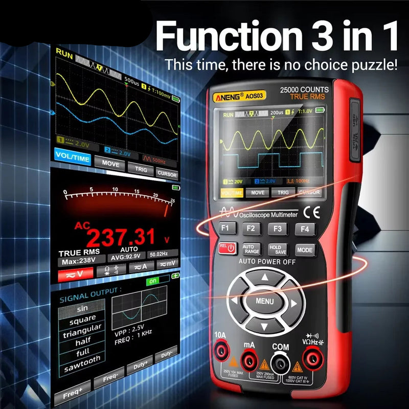 AOS03 Handheld Oscilloscope Multimeter – 2 Channels, 50MHz Bandwidth, up to 280MS/s, 250,000 wfm/s, 128KB Record, 3-in-1 Scope + Multimeter + Signal Generator