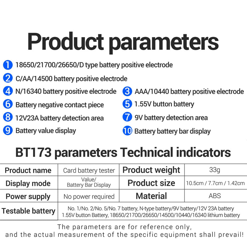 BT173 Universal Battery Tester – AA AAA C D N 9V and Button Cell Battery Meter with LCD Level Display