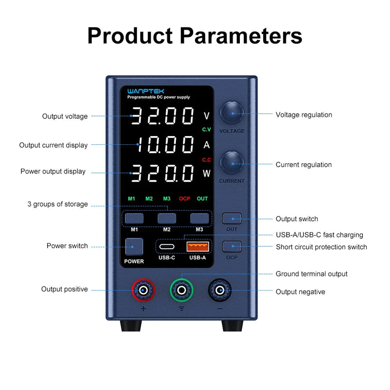 GA3010B Adjustable DC Bench Power Supply 32V 10A with USB Display – Digital Lab Voltage Regulator