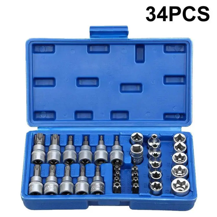 34/29 Pieces Torx Bit Socket and E-Torx Star Socket Set 1/4" 3/8" 1/2"