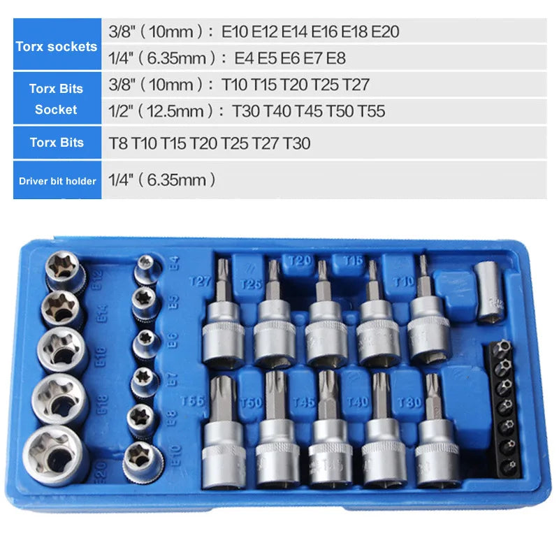 34/29 Pieces Torx Bit Socket and E-Torx Star Socket Set 1/4" 3/8" 1/2"
