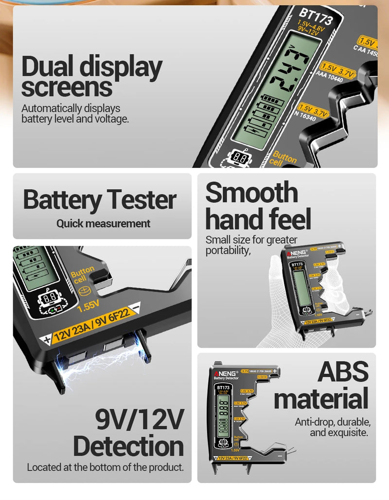 BT173 Universal Battery Tester – AA AAA C D N 9V and Button Cell Battery Meter with LCD Level Display
