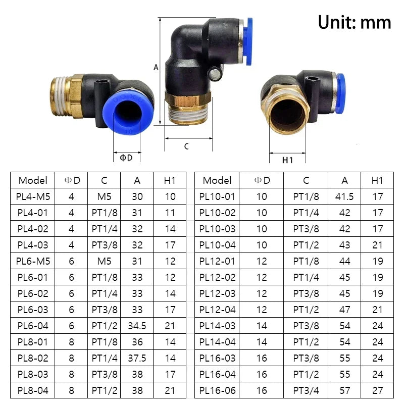 PL 90° Pneumatic Elbow Push-In Fittings – 50PCS Male Thread (M5 / 1/8" / 1/4" / 3/8" / 1/2") OD 4–12mm