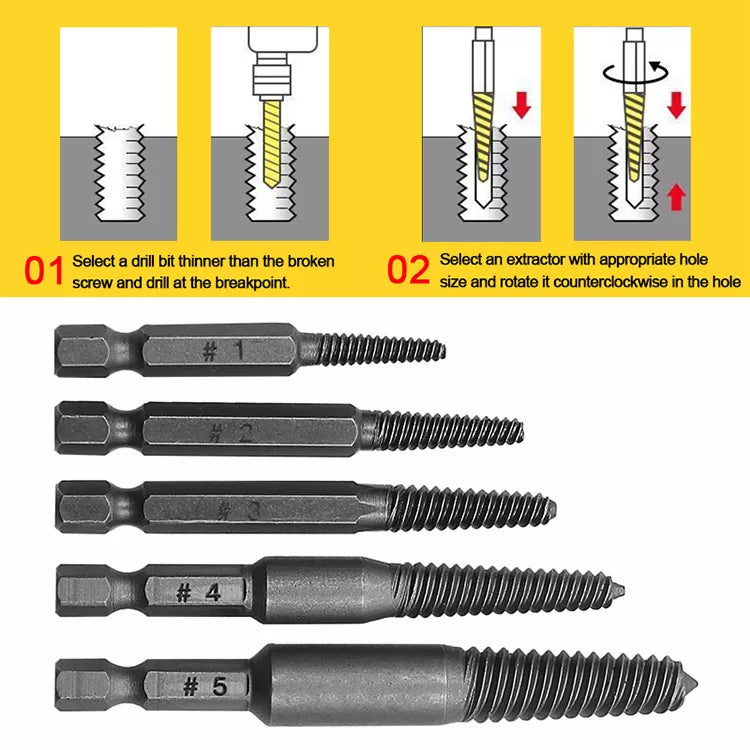Juego de guía de brocas centrales Extractor de tornillos, perno dañado roto, 5 uds.