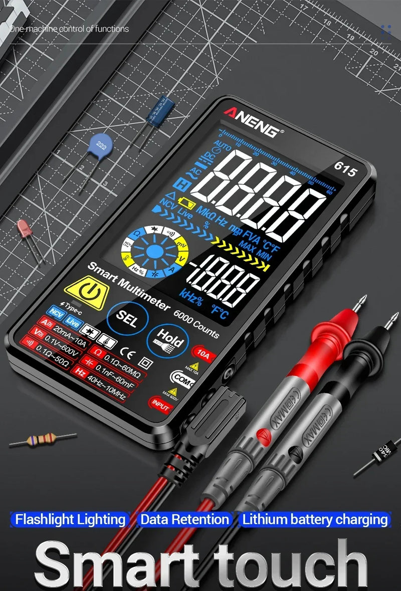 615 Rechargeable Smart Digital Multimeter – 6000 Counts Touch Screen, AC/DC 600V, 10A, NCV, Frequency to 60MHz, Resistance 60MΩ, Capacitance 60mF, Temperature, CAT III 600V