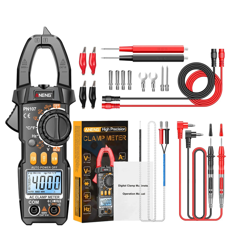 PN107 Digital Clamp Meter – 600A AC Current Clamp, AC/DC Voltage 600V, Resistance, Capacitance, Frequency, Temperature, NCV, Backlight & Flashlight
