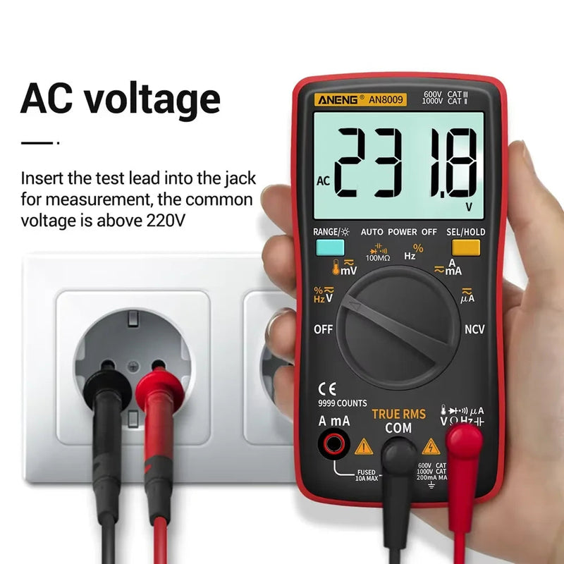 AN8009 Digital Multimeter – True RMS, 9999 Counts Auto/Manual Range, AC/DC Voltage & Current, Capacitance, Resistance, Frequency, Temperature, NCV, Diode, Continuity, hFE