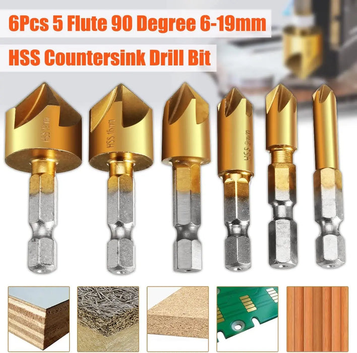 6pcs Countersink Drill Bit Set 1/4'' Hex Shank HSS 5 Flute Countersink