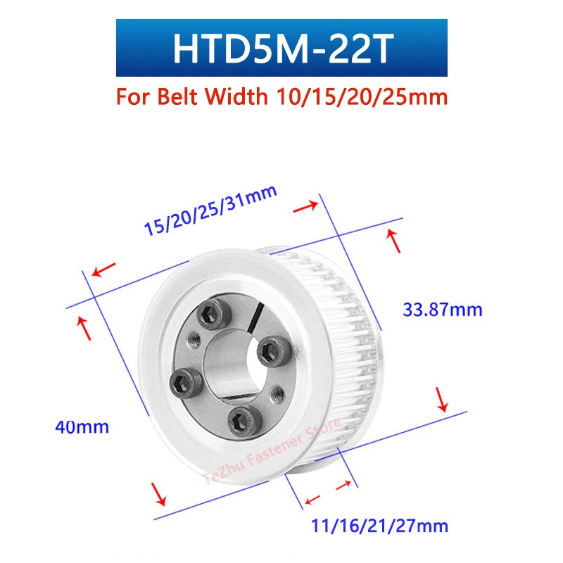 HTD5M 22 Teeth Timing Pulley – Keyless Bushing Bore 5, 6, 6.35, 8, 9, 10, 11, 12, 14mm