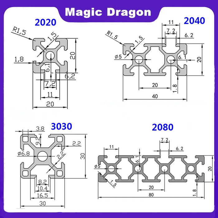 2020 2040 2060 3030 3060 4040 2080 20100 T-Nut-Aluminiumprofil