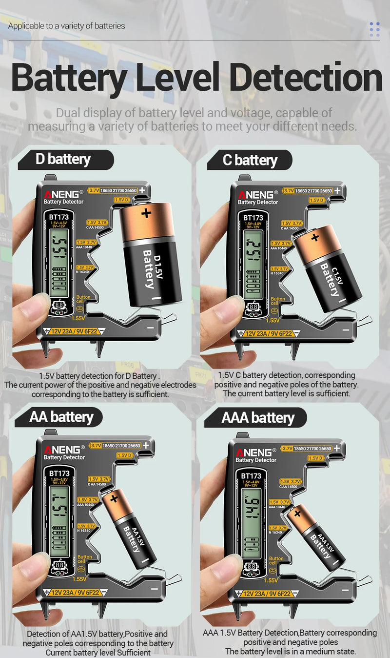 BT173 Universal Battery Tester – AA AAA C D N 9V and Button Cell Battery Meter with LCD Level Display