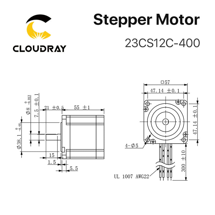 Cloudray Nema 23 Stepper Motor – 1.3N.m, 4.0A, 55mm Length, 8mm Shaft