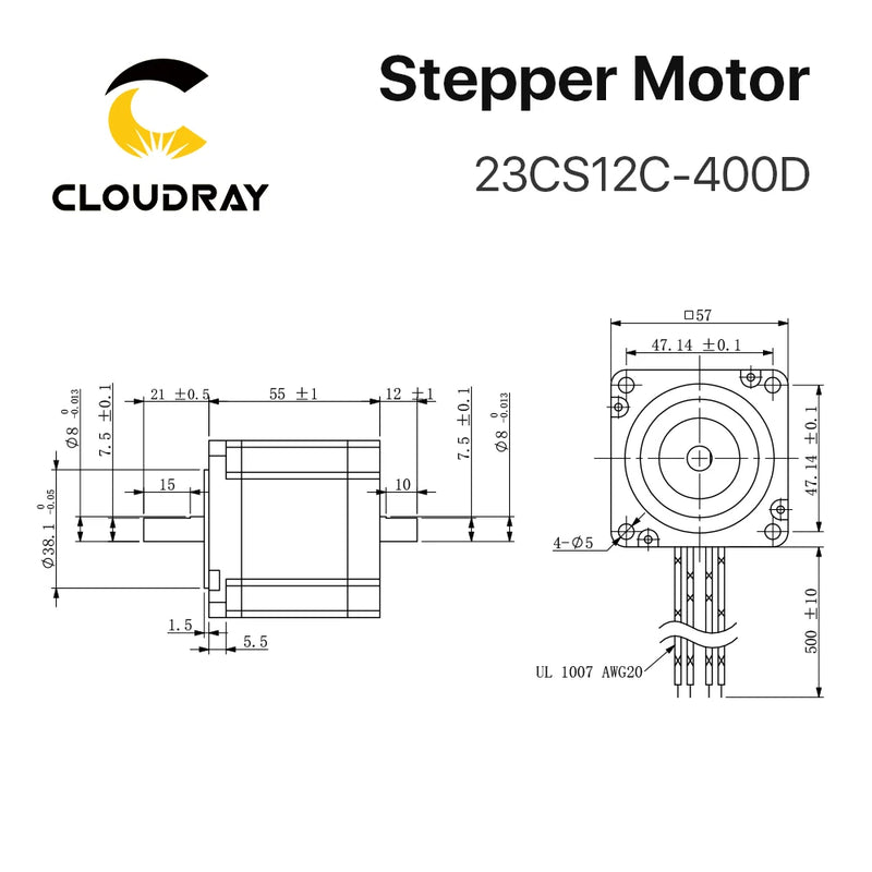 Motor paso a paso Nema 23 de Cloudray, 55 mm, 1,3 Nm, 4,0 A, doble eje, 2 fases 