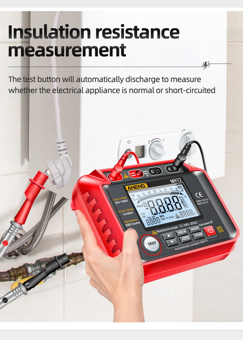 MH12 Digital Megohmmeter – Insulation Resistance Tester (50V/100V/250V/500V/1000V) with AC/DC Voltmeter, PI, Auto Discharge, Data Storage