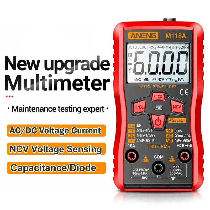 M118A Digital Mini Multimeter – 6000 Counts True RMS Auto Range, AC/DC 0.5–600V, NCV, Diode, Capacitance, Backlight & Flashlight