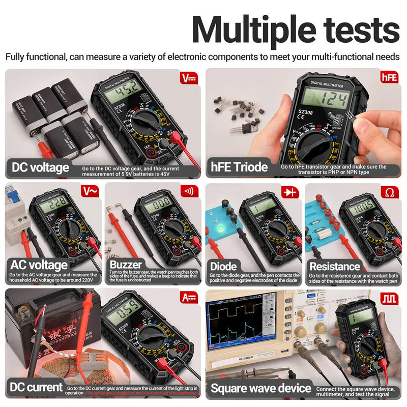 SZ308 Digital Multimeter – AC/DC Voltage & Current Meter, Resistance, Diode, hFE, Square Wave, LCD Backlight