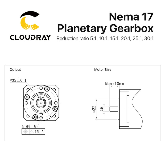 Cloudray Nema 17 Planetary Gearbox - Speed Reducer with Ratios 5:1, 10:1, 15:1, 20:1, 25:1, 30:1