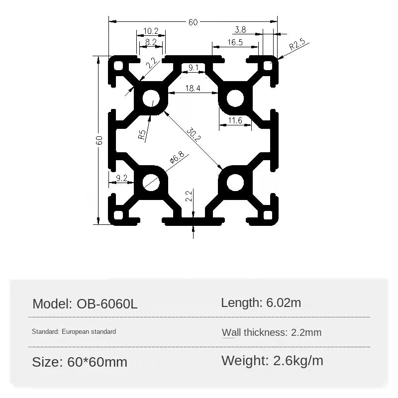 6060 Perfil Aluminio Doble Ranura T 60x60mm