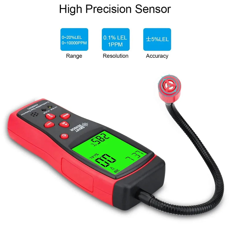 AS8800C Portable Gas Leak Detector – 0–10000ppm / 0–20% LEL Combustible Gas Sniffer with Sound & Light Alarm, Flexible Probe, LCD