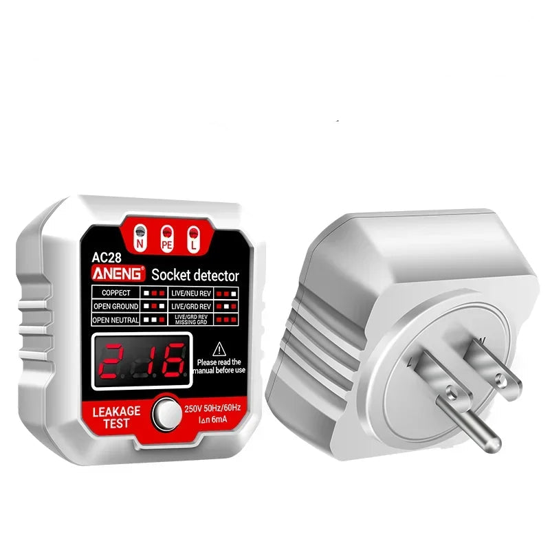AC27 / AC28 Digital Socket Tester – Polarity Detector, Voltage Test, RCD 30mA Test, Circuit Breaker Finder Support (EU/US Plug)
