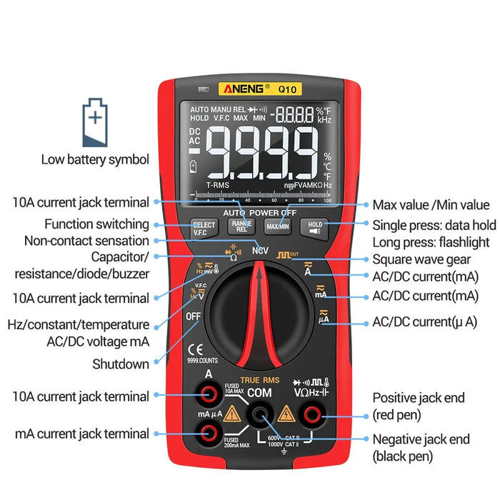 Q10 Digital Multimeter 9999 Counts True RMS Analog Tester