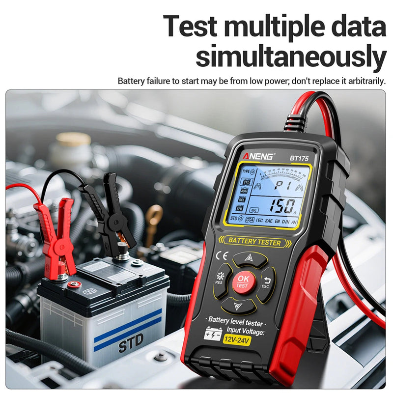 BT175 Car Battery Tester – 12V/24V Lead-Acid Battery Analyzer (8–36V) with CCA, Internal Resistance, SOC/SOH, Alternator/Charging Check, Insulated Alligator Clips