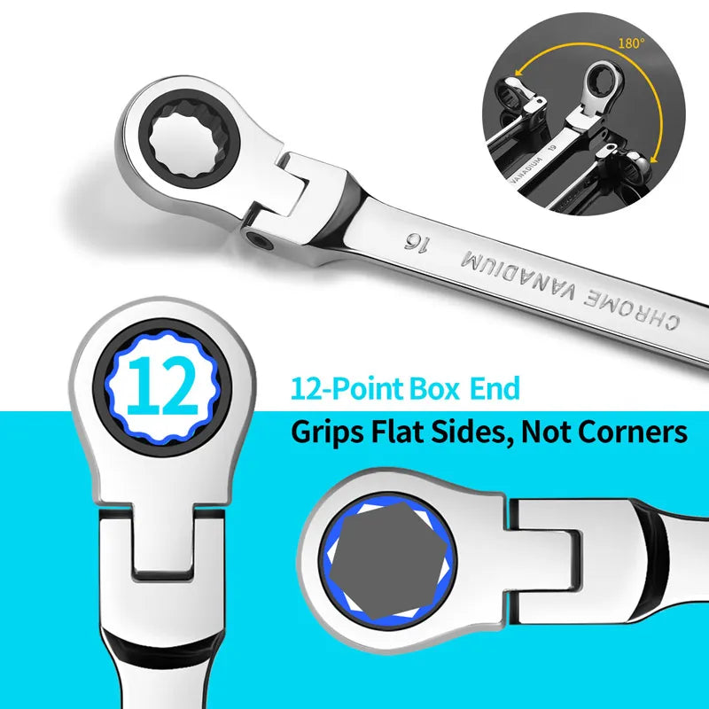 Combination Ratcheting Wrench Set with Flexible Head