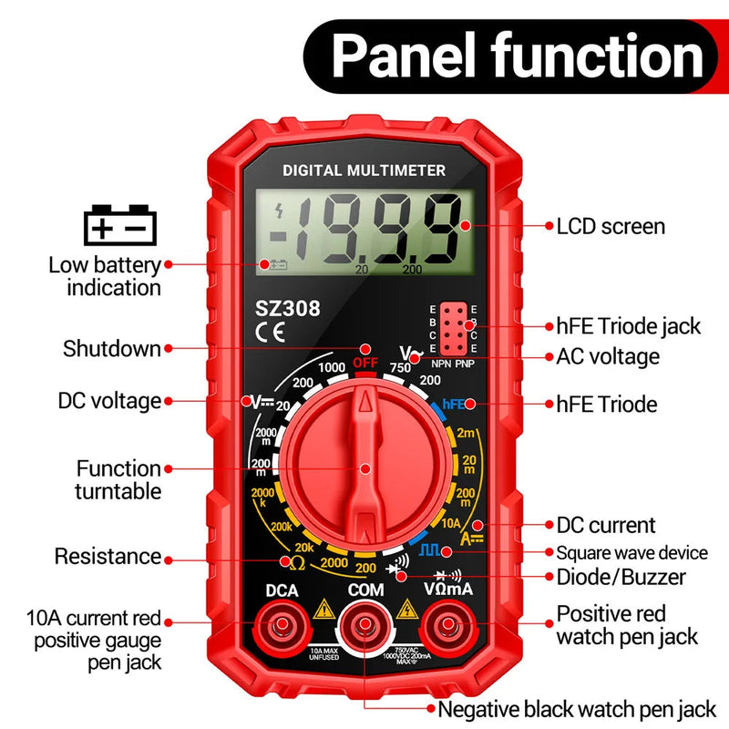 SZ308 Digital Multimeter – AC/DC Voltage & Current Meter, Resistance, Diode, hFE, Square Wave, LCD Backlight