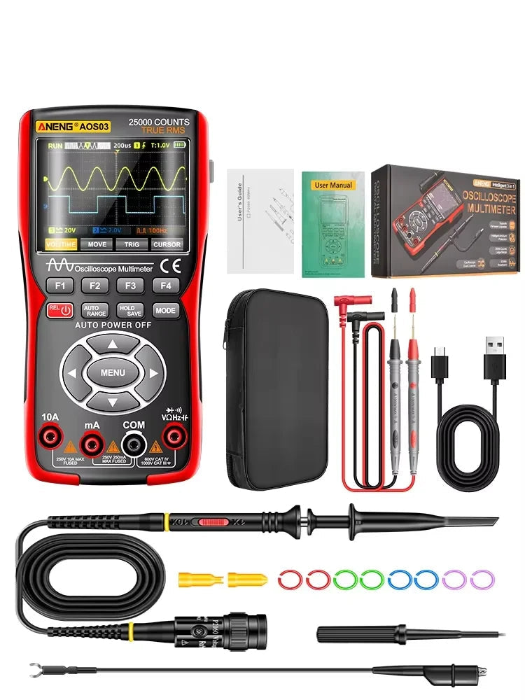 AOS03 Handheld Oscilloscope Multimeter – 2 Channels, 50MHz Bandwidth, up to 280MS/s, 250,000 wfm/s, 128KB Record, 3-in-1 Scope + Multimeter + Signal Generator