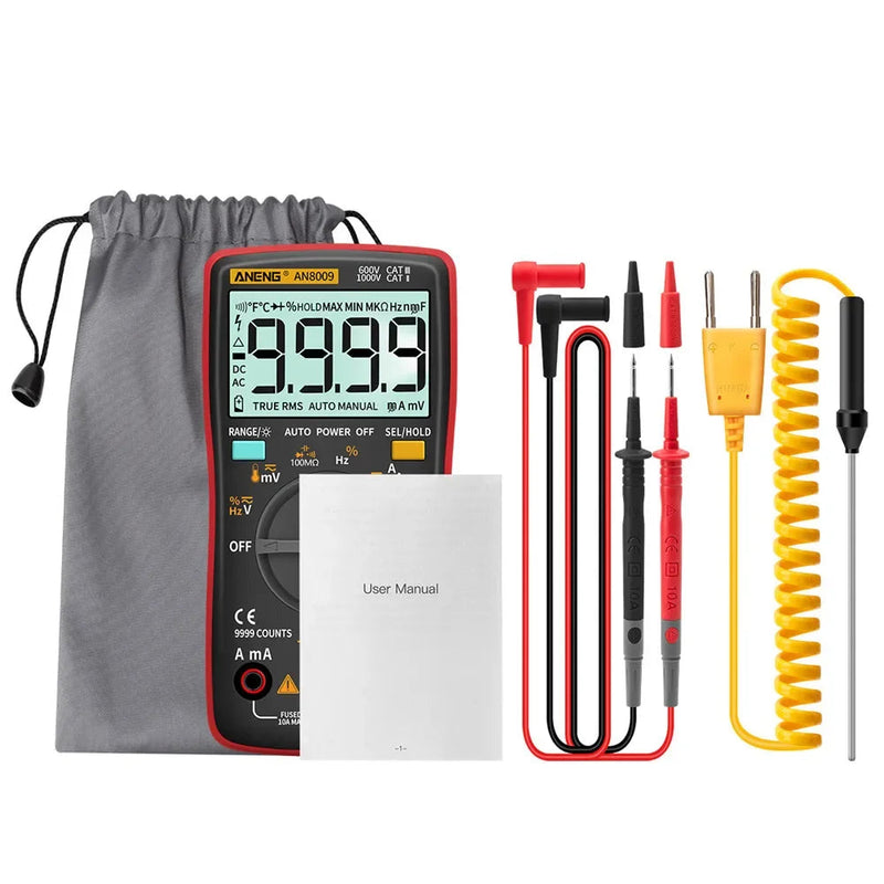 AN8009 Digital Multimeter – True RMS, 9999 Counts Auto/Manual Range, AC/DC Voltage & Current, Capacitance, Resistance, Frequency, Temperature, NCV, Diode, Continuity, hFE