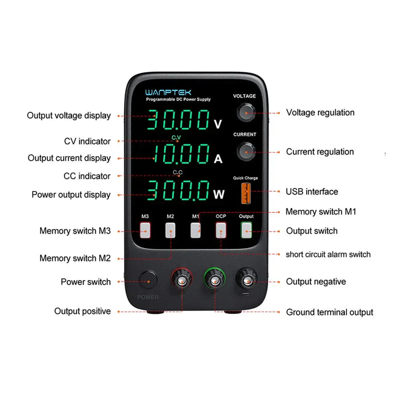APS3010H / WPS3010H Adjustable DC Power Supply 30V 10A with USB Interface | Digital Lab Bench Power Supply with Memory Function