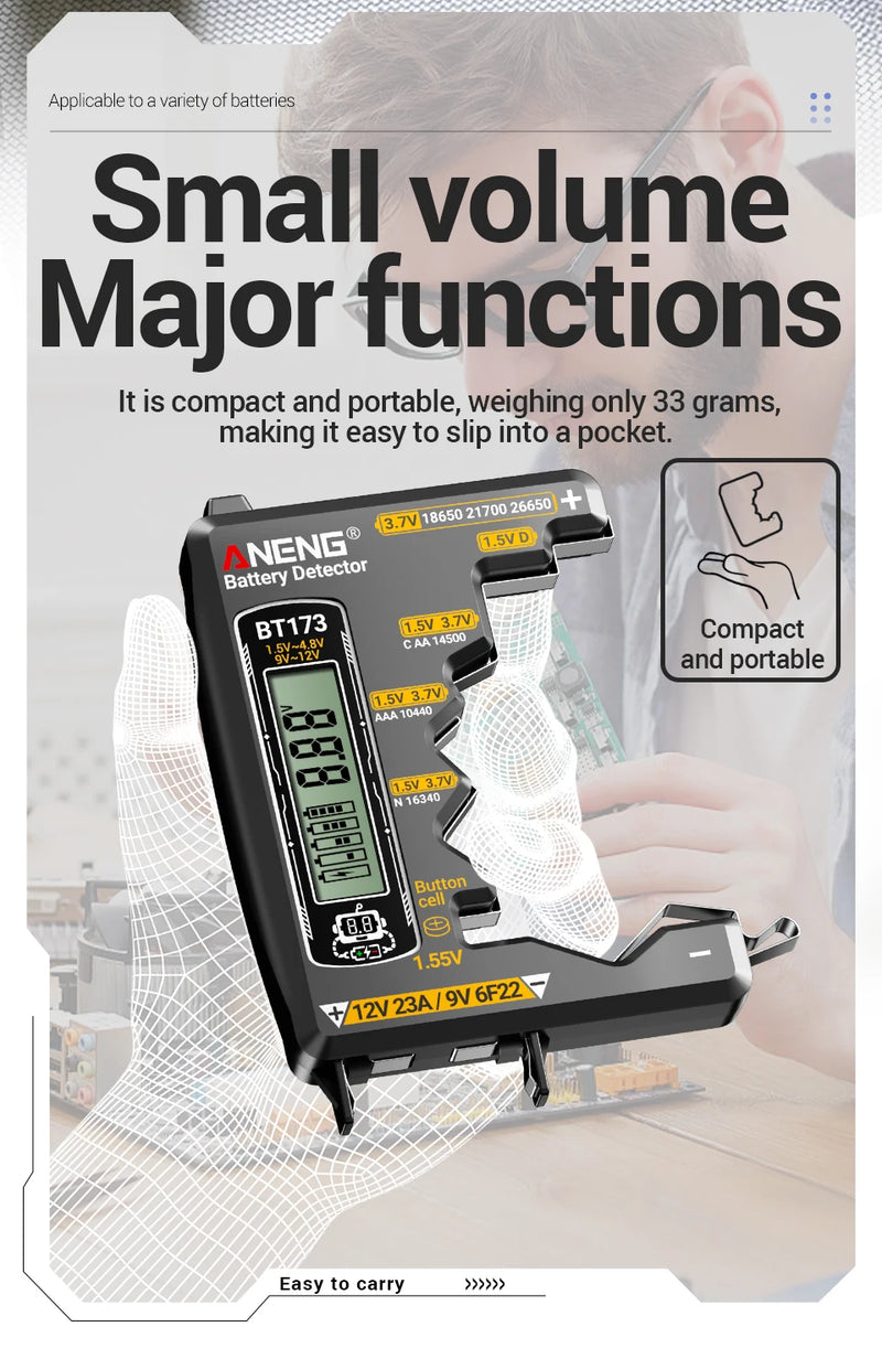 BT173 Universal Battery Tester – AA AAA C D N 9V and Button Cell Battery Meter with LCD Level Display