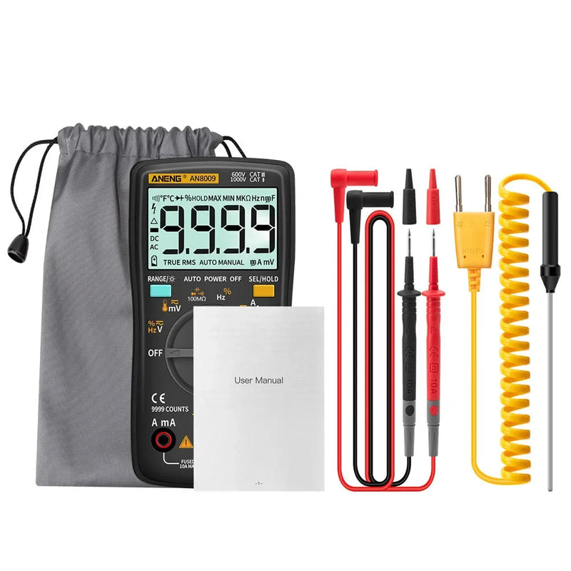 AN8009 Digital Multimeter – True RMS, 9999 Counts Auto/Manual Range, AC/DC Voltage & Current, Capacitance, Resistance, Frequency, Temperature, NCV, Diode, Continuity, hFE