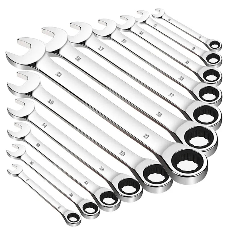 Metric Ratcheting Wrench Set – Combination Ring Ended Gear Spanner Kit with Rolling Pouch, CR-V Full Polished