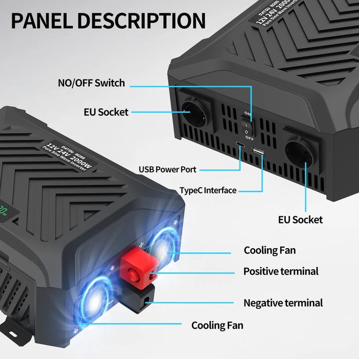 Pure Sine Wave Inverter – 4000W Peak, 2000W Continuous Power Solution for Vehicles