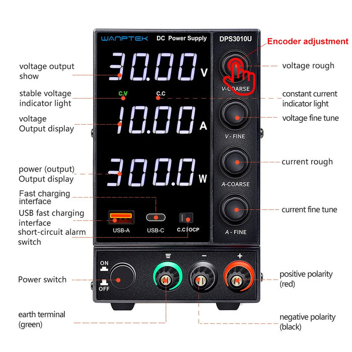 Adjustable DC Power Supply 4-Digit Lab Bench Power Source 30V/60V, 5A/10A