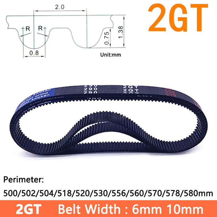 2GT GT2 Rubber Closed Loop Timing Belt – Perimeter 500mm to 580mm (19.69” to 22.83”)