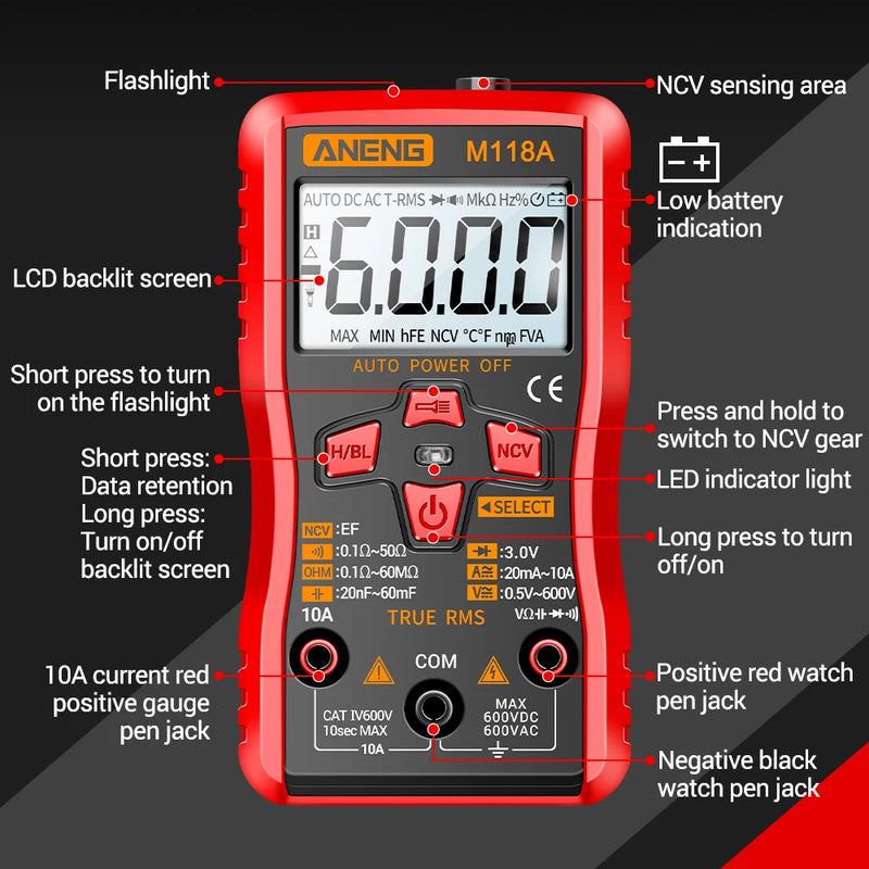 M118A Digital Mini Multimeter – 6000 Counts True RMS Auto Range, AC/DC 0.5–600V, NCV, Diode, Capacitance, Backlight & Flashlight