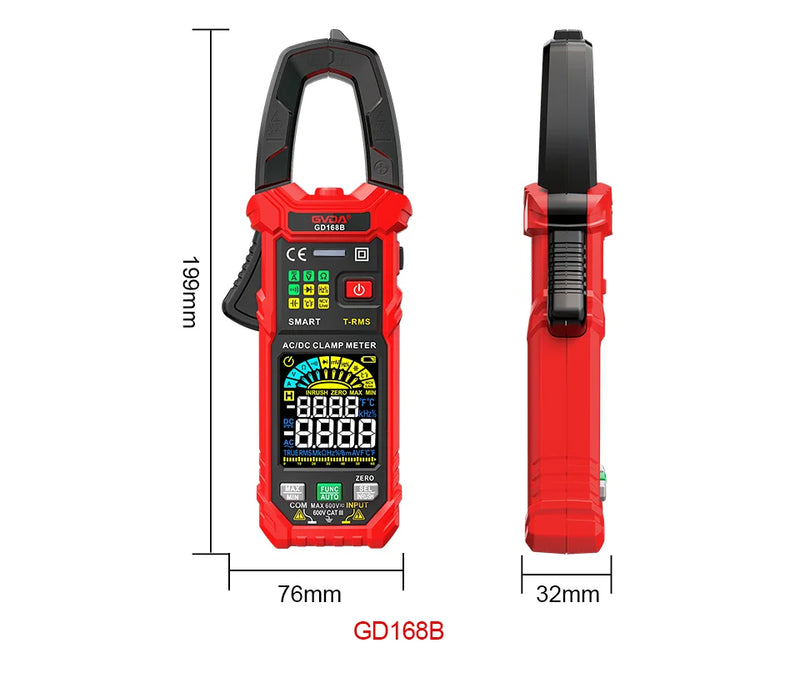 GD166B Clamp Meter – 6000 Counts True RMS, AC/DC Current 60A/600A, AC Inrush, AC/DC Voltage 600V, NCV, Frequency, Capacitance, Temperature, Live Wire