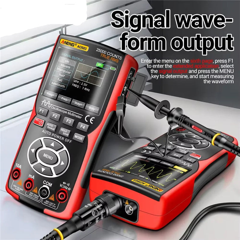AOS03 Handheld Oscilloscope Multimeter – 2 Channels, 50MHz Bandwidth, up to 280MS/s, 250,000 wfm/s, 128KB Record, 3-in-1 Scope + Multimeter + Signal Generator
