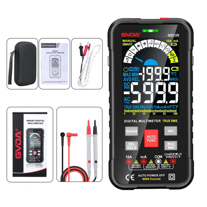 GD128 Smart Digital Multimeter – 9999 Counts True RMS Auto Range, AC 750V / DC 1000V, 9.99A, NCV/Live Test, Capacitance, Frequency, Duty, REL, MAX/MIN/AVG