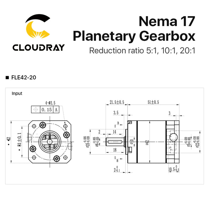 Cloudray Nema 17 Planetary Gearbox - Speed Reducer with Ratios 5:1, 10:1, 20:1