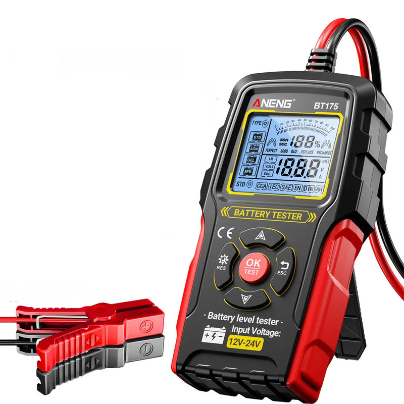 BT175 Car Battery Tester – 12V/24V Lead-Acid Battery Analyzer (8–36V) with CCA, Internal Resistance, SOC/SOH, Alternator/Charging Check, Insulated Alligator Clips