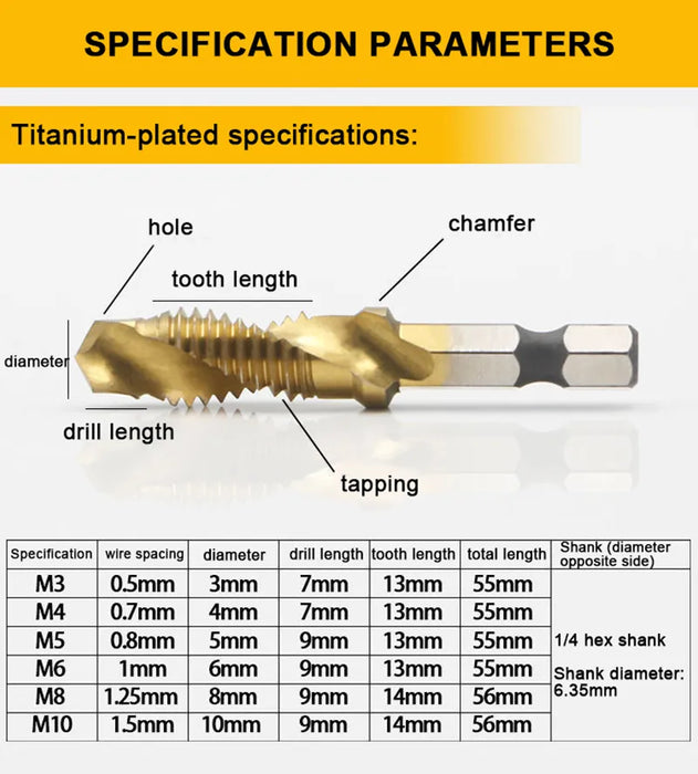 1/6 PCS Tap Drill Bit Set - Hex Shank Titanium Plated HSS Screw Thread Metric Taps