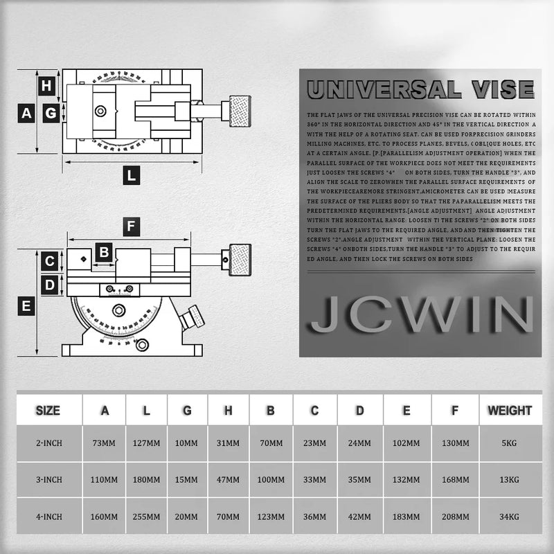 Universal Precision Vise 2" 3" – Tilting & Rotating Grinding Milling Vise