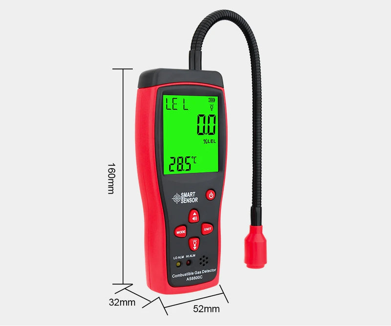 AS8800C Portable Gas Leak Detector – 0–10000ppm / 0–20% LEL Combustible Gas Sniffer with Sound & Light Alarm, Flexible Probe, LCD
