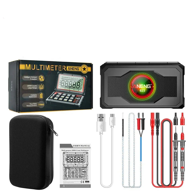 623 Digital Car Multimeter – 20000 Counts True RMS, AC/DC 1000V, 10A, RPM & Dwell, Pulse Width (ms), Duty Cycle, NCV, Capacitance, Temperature, Rechargeable