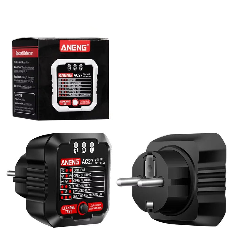 AC27 / AC28 Digital Socket Tester – Polarity Detector, Voltage Test, RCD 30mA Test, Circuit Breaker Finder Support (EU/US Plug)
