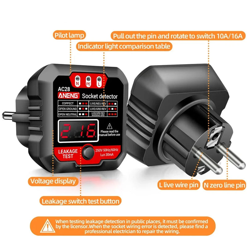 AC27 / AC28 Digital Socket Tester – Polarity Detector, Voltage Test, RCD 30mA Test, Circuit Breaker Finder Support (EU/US Plug)